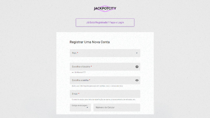 como registrar no site do JackpotCity Brasil