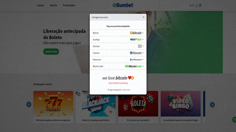 Métodos de pagamentos disponíveis no Bumbet Cassino Brasil
