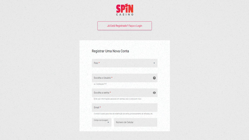Como se registrar no Spin Casino Online
